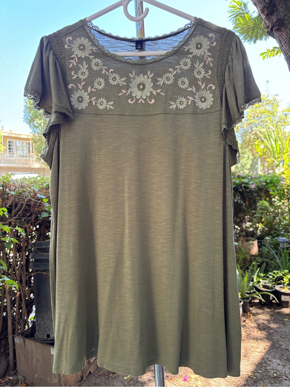 Olive Green Slub Embroidered Flutter Sleeve Top Plus Size 1X